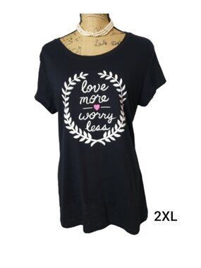 Wound Up Womens 2XL Motivational Tee Love More Worry Less Black SS Relaxed Fit